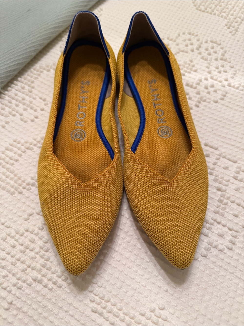 Rothy's Pointed Knit Flats in Mustard and Blue Trim excellent 8M